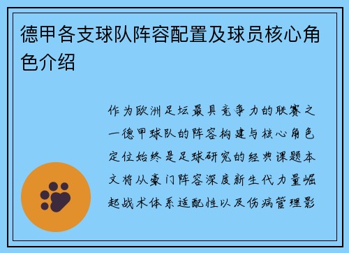 德甲各支球队阵容配置及球员核心角色介绍